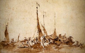 Estudos de Barcos de Pesca (caneta e tinta e lavagem em papel) de Francesco Guardi