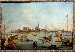 O Doge no Bucentauro (Bucentoro) em San Nicolo em Veneza no dia da Ascensão Este é provavelmente o Doge Alvise IV Mocenigo (1763-1778). Pintura de Francesco Guardi (1712-1793) 1775-1780 Sol. 0,67x1m de Francesco Guardi