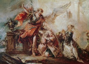 O Casamento de Tobias, detalhe do casal Sara e Tobias antes do intermediário de Rafael dar graças a Deus, c.1750 de Francesco Guardi