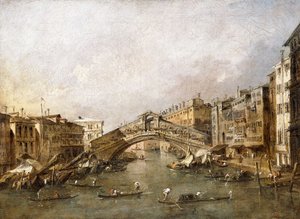 A ponte Rialto, Veneza, com gôndolas em primeiro plano, de Francesco Guardi