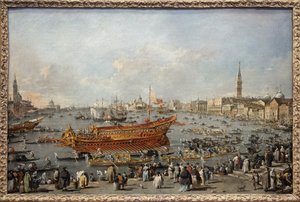 O início do Bucentauro (Bucentoro) em direção ao Lido de Veneza no dia da Ascensão, o Doge participa do grande evento das celebrações da Ascensão, o casamento de Veneza com o Adriático comemorando a conquista da Dalmácia no século XIV. de Francesco Guardi
