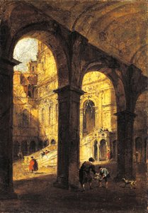 Vista do pátio do Palazzo Ducale e da Escada do Gigante (Scala dei Giganti),em Veneza, ca. 1780, de Francesco Guardi (1712-1793), óleo sobre tela, 26x39 cm. de Francesco Guardi