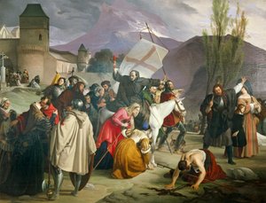 Pedro Eremita montando mula branca com crucifixo na mão e circulando por cidades e aldeias pregando Cruzada de Francesco Hayez
