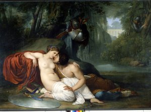 O amor de Renaud e Armide Ilustração de uma cena de "La Jerusalem delivree" (La gerusalemme liberata) de Torquato Tasso (conhecida como a Caneca). O encantador Armide rodeado de um seduto muito simbólico Amours com a ajuda do seu espelho mágico o cavaleiro de Francesco Hayez
