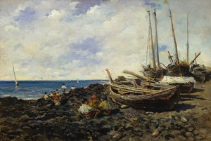 Pescadores com barcos em terra de Francesco Lojacono