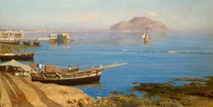 Marina com barco e pescadores, de Francesco Lojacono (1838-1915), óleo sobre tela, 61x118 cm de Francesco Lojacono