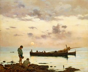 Marina com barco de pesca e rapazes, de Francesco Lojacono (1838-1915), óleo sobre tela, 64x77 cm de Francesco Lojacono