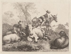 Menino em um burro cuidando de um grupo de animais de Francesco Londonio