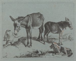 Burro com seu potro, um cachorro e um homem camponês de Francesco Londonio
