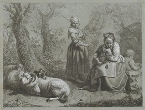Três pastoras com ovelhas
Cenas de pastores (título da série) de Francesco Londonio