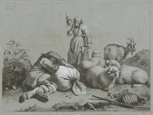 Pastor e pastora com ovelhas e cabras Cenas de pastor (título da série)