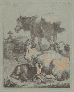 Cavalo, carneiro, cabrito com cabrito, à distância um pastor com rebanho, 1759. de Francesco Londonio