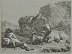 Pastor reclinado com cavalo, vaca e cachorro Cenas de pastor (título da série) de Francesco Londonio