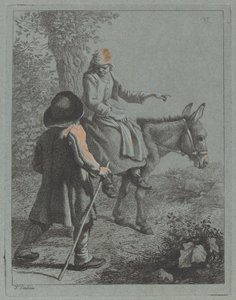Mulher camponesa sentada em um burro e um homem camponês.