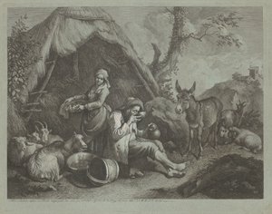 Velho sentado e mulher com uma cesta de ovos de Francesco Londonio