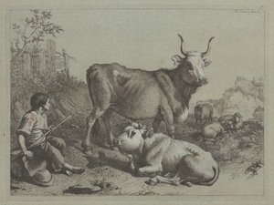Pastor sentado com um touro e um boi de Francesco Londonio