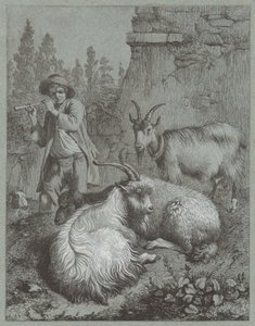 Pastor tocando uma flauta com cabras