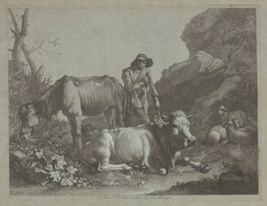 Pastor descansando em uma bengala com um cavalo velho e um touro reclinado, depois de 1767. de Francesco Londonio
