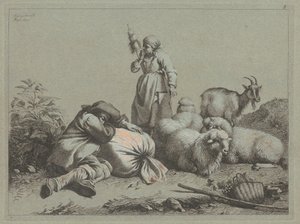 Camponês adormecido e fiandeiro de pé, 1763. de Francesco Londonio