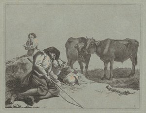 Pastor adormecido, dois bezerros e uma camponesa, 17621763. de Francesco Londonio