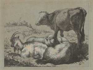 Boi em pé, duas ovelhas e uma cabra, c. 1762. de Francesco Londonio