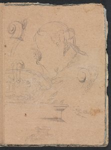 Verona Sketchbook: motivos arquitetônicos com cabeça feminina, página 45, 1760. de Francesco Lorenzi