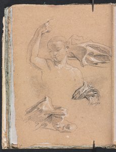 Verona Sketchbook: Figura com o braço direito levantado e estudos de cortinas (página 68) de Francesco Lorenzi