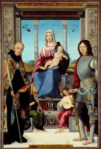A Virgem e o Menino Rodeados por São Bento de Nursie e São Quintino com Dois Anjos Pintura de Francesco Marmitta (conhecido entre 1496 e 1504) Sol do século XV. 2,2x1,38 m de Francesco Marmitta
