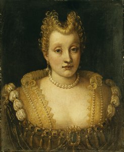 Retrato de uma senhora dita ser da família Contarini, comprimento do busto, usando um vestido elaborado com jóias e um colar e brincos de pérolas,