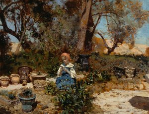 Uma menina no jardim, de Francesco Paolo Michetti (1851-1929), óleo sobre painel, 27x36 cm