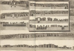Cortes transversais, que mostram os diferentes aspectos dos edifícios mostrados na planta de Pom..., 1804. de Francesco Piranesi