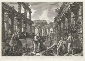 Impressão do título com restos do Templo de Netuno em Paestum com título em blocos Diferentes vistas dos restos de três grandes edifícios ainda de pé em Paestum (título da série) Différentes vues de quelques restes de trois grands édifices qui de Francesco Piranesi