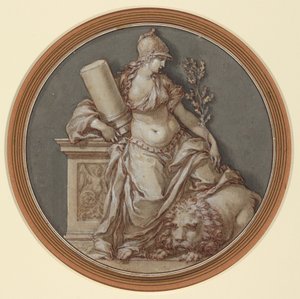 Alegoria da fortaleza (caneta e tinta castanha com lavagem cinzenta e castanha, com guache branco, sobre giz preto)