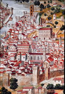 Pianta della Catena Detalhe de um mapa da cidade de Florença chamado "Catena" por causa da moldura do mapa em forma de corrente. Realizado por Francesco di Lorenzo Rosselli (1448-1513) em 1490. Florença, Museo Firenze com 