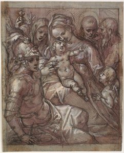 Virgem Maria e o menino Jesus com João Batista quando menino, Bernardino de Siena (?), Catarina de Sena, Arcanjo Miguel e um santo barbudo