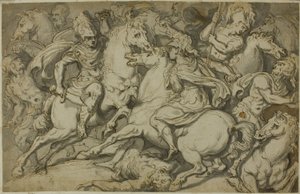 Escaramuça de cavalaria (frente); Ecorché ajoelhado (verso)
