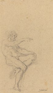 Um homem nu sentado apontando para a direita de Francesco Solimena