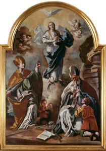 A pomba do Espírito Santo aparece acima da Virgem com santos (óleo sobre tela de Francesco Solimena