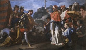 O encontro entre o Rei Ratchis dos Longobardos e o Papa Zacarias durante o cerco de Perugia de Francesco Solimena