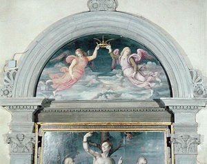 SS. Benedict, Dominic e Sebastian (detalhe da lunette) (óleo sobre painel) (ver também 192539 e 192540)
