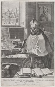 Cardeal Roberto Bellarmino em sua mesa, escrevendo, 1604. de Francesco Villamena