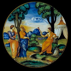 Prato de faiança feito por Francesco Xanto Aveli (ativo por volta de 1530/1540) representando o Parnassus. Realizado em Urbino. 1530. Paris, Museu do Louvre