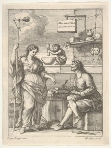 Um macaco trabalhando um almofariz e pilão, abaixo de Lorenzo Lippi, escrevendo seu humor ..., ca. 1710-64. de Francesco Zuccarelli