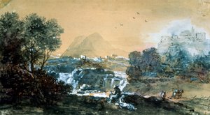 Paisagem com uma cachoeira, pintura italiana do século XVIII.