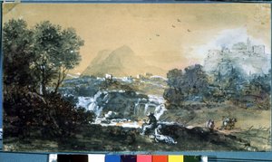 Paisagem com uma queda de água. Desenho de Francesco Zuccarelli (1702-1788). Aguarela e tinta sobre papel de Francesco Zuccarelli