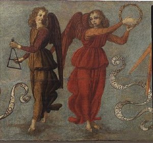 Anjos tocando pandeiro e triângulo, c.1475-97 (têmpera no painel) (detalhe de 64871, veja também 64872 e 64874) de Francesco attr. to Botticini