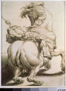 Cavaleiro perfurado por uma lança. Desenho de Francesco de Rossi (1510-1563). Grisaille sobre papel, 20 x 15 cm