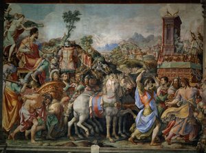 O triunfo de Marcus Furius Camillus (447-365 aC), da Sala dell&39;Udienza, 1545 (pré-restauração) (ver também 177350) de Francesco de Rossi Salviati Cecchino