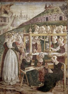Alegoria da marcha, detalhe do triunfo de Minerva com tecelagem feminina) detalhe - fresco por Francesco del Cossa (ca. 1436-vers 1478) Ferrara (Ferrara) Palazzo Schifanoia, Salone dei Mesi de Francesco del Cossa