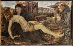 Lamentação com cliente mostrado como São Francisco, por Francesco del Cossa de Francesco del Cossa